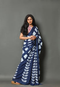 Blue Leaf & Box Block Print Cotton Saree with Blouse