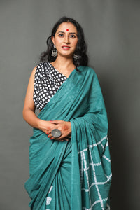 Rama Green Cotton Leaf & Checks Block Print Cotton Saree with Blouse