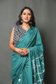 Rama Green Cotton Leaf & Checks Block Print Cotton Saree with Blouse