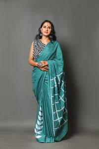 Rama Green Cotton Leaf & Checks Block Print Cotton Saree with Blouse