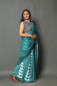Rama Green Cotton Leaf & Checks Block Print Cotton Saree with Blouse