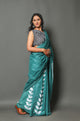 Rama Green Cotton Leaf & Checks Block Print Cotton Saree with Blouse