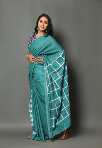 Rama Green Cotton Leaf & Checks Block Print Cotton Saree with Blouse
