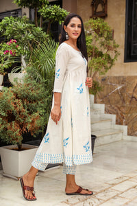 White & Blue Block Print Anarkali Kurta Pant Set
