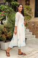 White & Blue Block Print Anarkali Kurta Pant Set