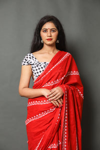 Red Bel Block Printed Cotton Saree with Blouse