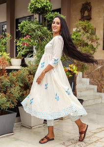 White & Blue Block Print Anarkali Kurta Pant Set