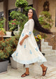 White & Blue Block Print Anarkali Kurta Pant Set
