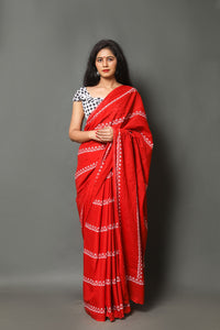 Red Bel Block Printed Cotton Saree with Blouse