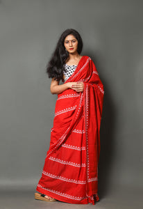 Red Bel Block Printed Cotton Saree with Blouse