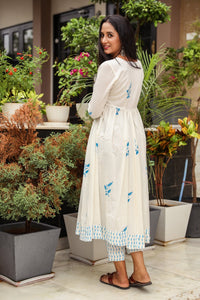 White & Blue Block Print Anarkali Kurta Pant Set