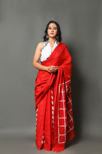 Red Leaf & Box Block Print Cotton Saree with Blouse