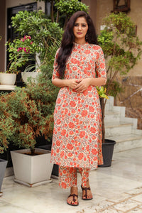 Coral Jaal Block Print A-line Pant Set