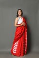 Red Leaf & Box Block Print Cotton Saree with Blouse