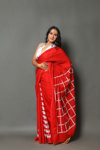 Red Leaf & Box Block Print Cotton Saree with Blouse