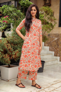 Coral Jaal Block Print A-line Pant Set