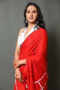 Red Leaf & Box Block Print Cotton Saree with Blouse