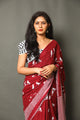 maroon Bird Block Print Cotton Saree with Blouse
