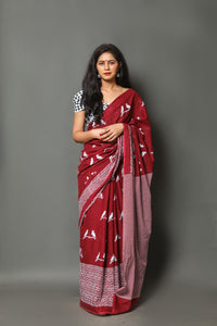 maroon Bird Block Print Cotton Saree with Blouse