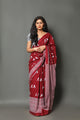 maroon Bird Block Print Cotton Saree with Blouse