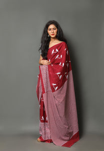 maroon Bird Block Print Cotton Saree with Blouse