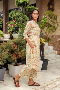 Beige Jaal Block Print A-line Pant Set