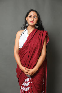 Maroon Leaf & Box Block Print Cotton Saree with Blouse