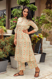 Beige Jaal Block Print A-line Pant Set