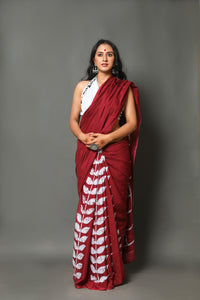 Maroon Leaf & Box Block Print Cotton Saree with Blouse