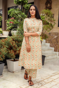 Beige Jaal Block Print A-line Pant Set