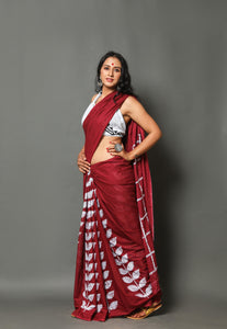 Maroon Leaf & Box Block Print Cotton Saree with Blouse