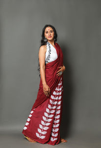 Maroon Leaf & Box Block Print Cotton Saree with Blouse