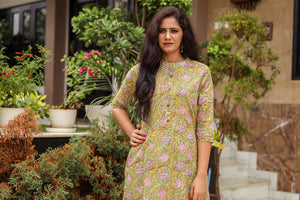 Green Jaal Block Print A-line Pant Set