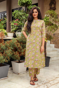 Green Jaal Block Print A-line Pant Set