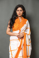 Orange & White Checks Block Print Cotton Saree with Blouse