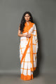 Orange & White Checks Block Print Cotton Saree with Blouse