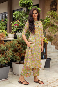 Green Jaal Block Print A-line Pant Set