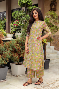 Green Jaal Block Print A-line Pant Set