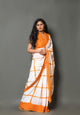 Orange & White Checks Block Print Cotton Saree with Blouse