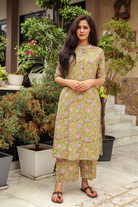 Green Jaal Block Print A-line Pant Set