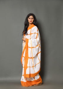 Orange & White Checks Block Print Cotton Saree with Blouse