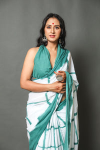Rama Green & White Checks Block Print Cotton Saree with Blouse