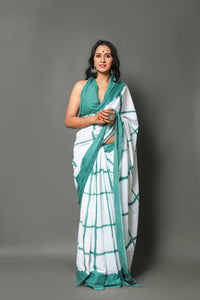 Rama Green & White Checks Block Print Cotton Saree with Blouse