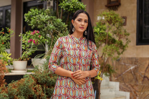 Maroon Jaal Block Print A-line Pant Set