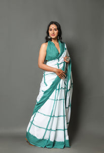Rama Green & White Checks Block Print Cotton Saree with Blouse