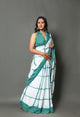 Rama Green & White Checks Block Print Cotton Saree with Blouse