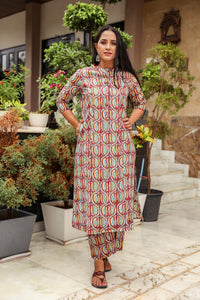 Maroon Jaal Block Print A-line Pant Set