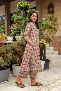 Maroon Jaal Block Print A-line Pant Set
