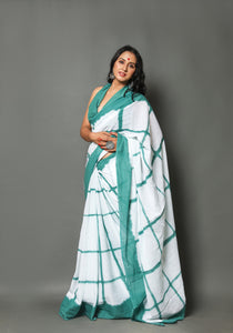 Rama Green & White Checks Block Print Cotton Saree with Blouse