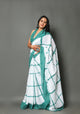 Rama Green & White Checks Block Print Cotton Saree with Blouse